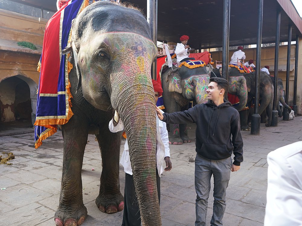 Ein junger Mann steht neben einem Elefanten und berührt ihn. 
